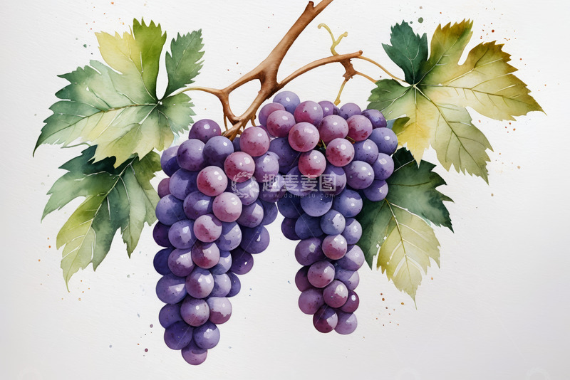 高清大图下载【趣麦麦图】水彩风格葡萄枝叶特写