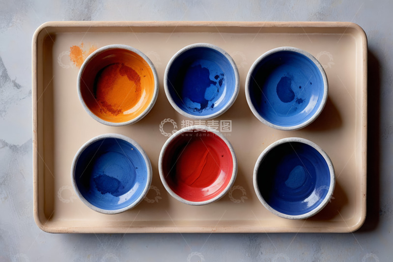 高清大图下载【趣麦麦图】托盘上的多彩颜料碗