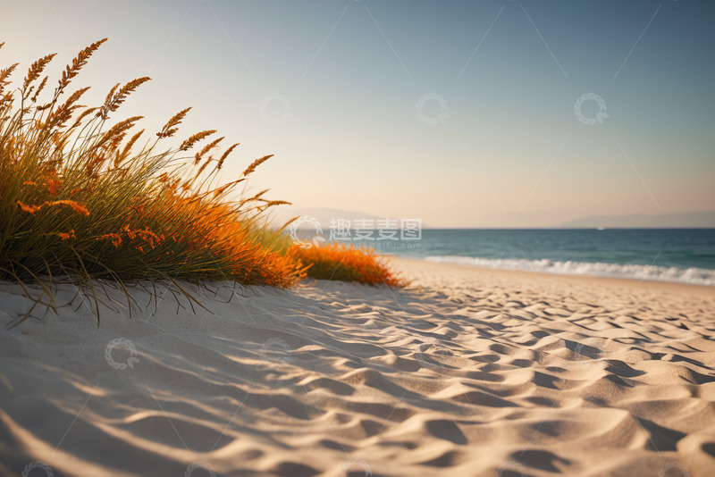 高清大图下载【趣麦麦图】海滩边的沙滩与摇曳的野草