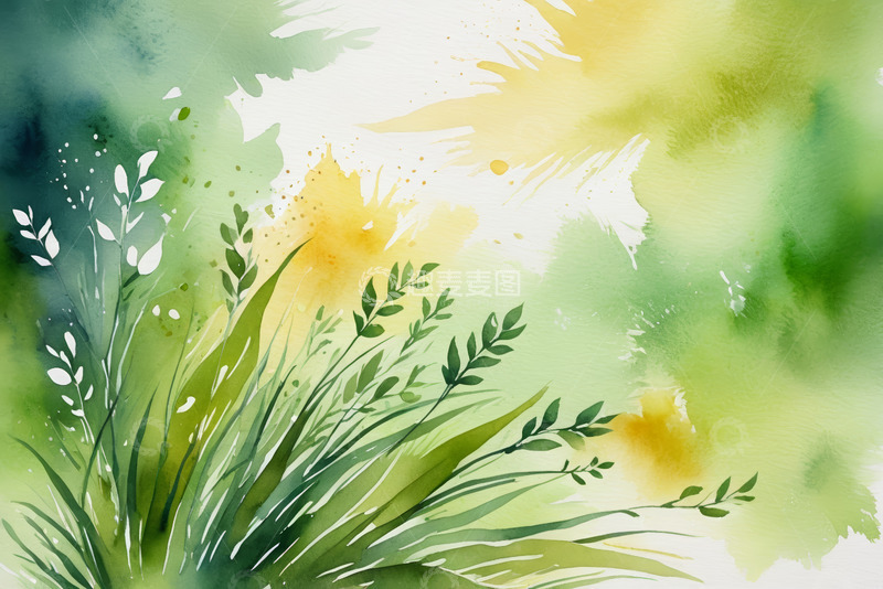 高清大图下载【趣麦麦图】水彩风格绿色植物背景素材