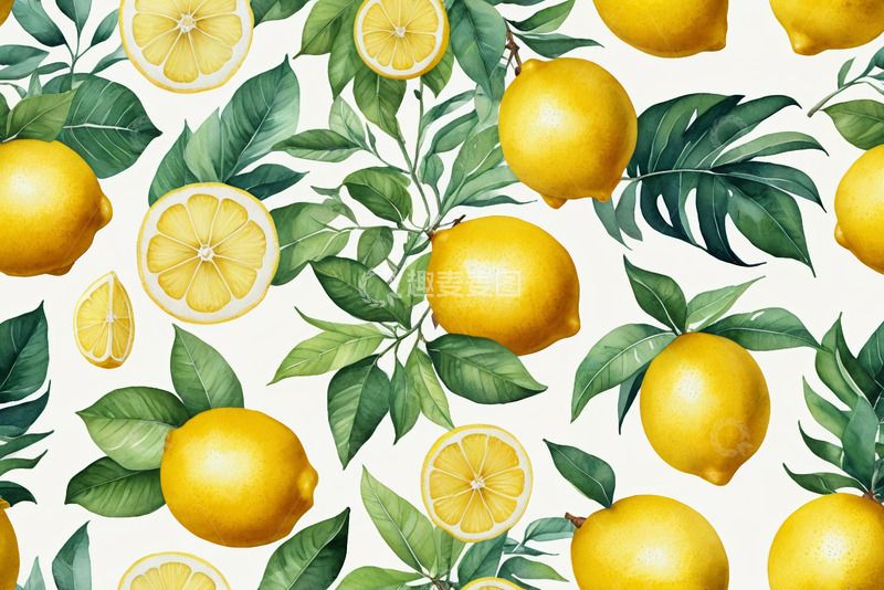 高清大图下载【趣麦麦图】柠檬绿叶水彩风格图案