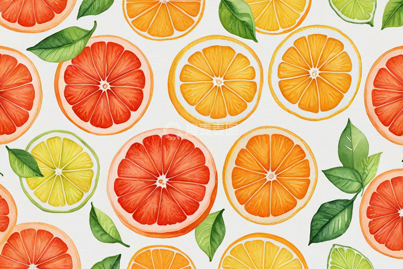 高清大图下载【趣麦麦图】水彩风格柑橘类水果图案