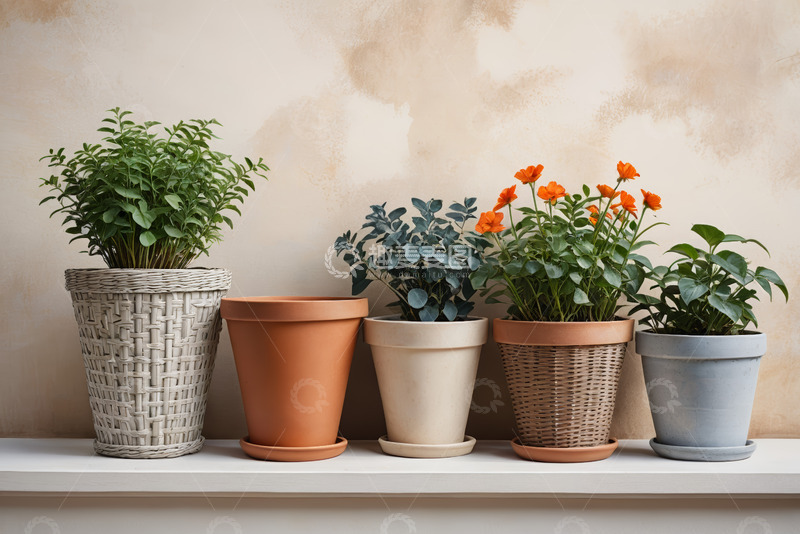 高清大图下载【趣麦麦图】-架子上摆放的多盆绿植花卉