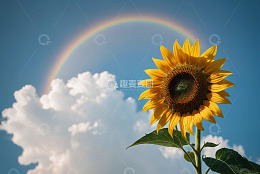 蓝天下向日葵与彩虹景观