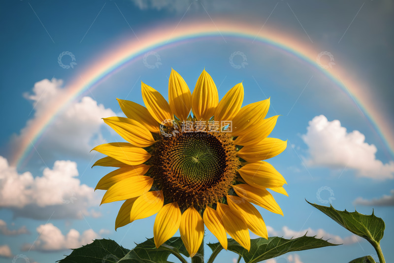高清大图下载【趣麦麦图】蓝天下彩虹旁的向日葵