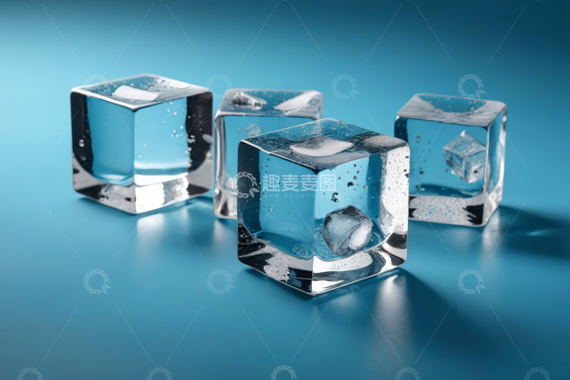 高清大图下载【趣麦麦图】蓝色背景下的透明冰块