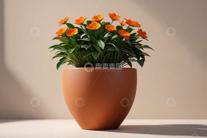 高清大图下载【趣麦麦图】陶盆中盛开的橙色花卉