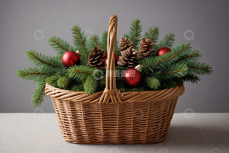 高清大图下载【趣麦麦图】装有圣诞装饰的柳编篮子