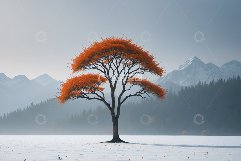 高清大图下载【趣麦麦图】雪地中孤树立于远山背景前