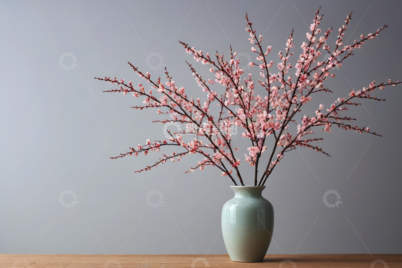 高清大图下载【趣麦麦图】青瓷花瓶插粉色开花枝条