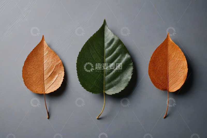 高清大图下载【趣麦麦图】三片不同颜色树叶特写