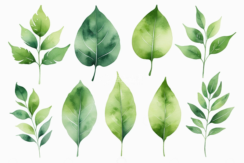 高清大图下载【趣麦麦图】水彩风格绿色叶片素材