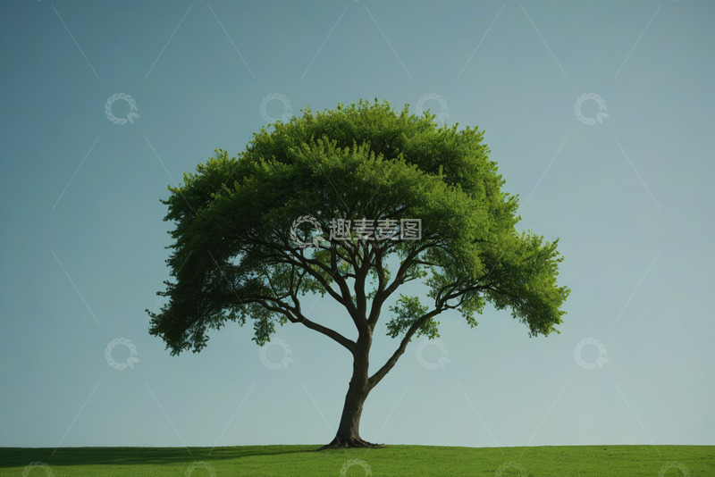 高清大图下载【趣麦麦图】草地单棵绿树蓝天背景素材