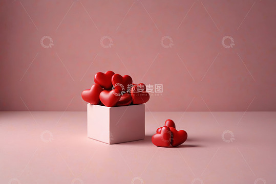 粉背景白盒中的红色爱心