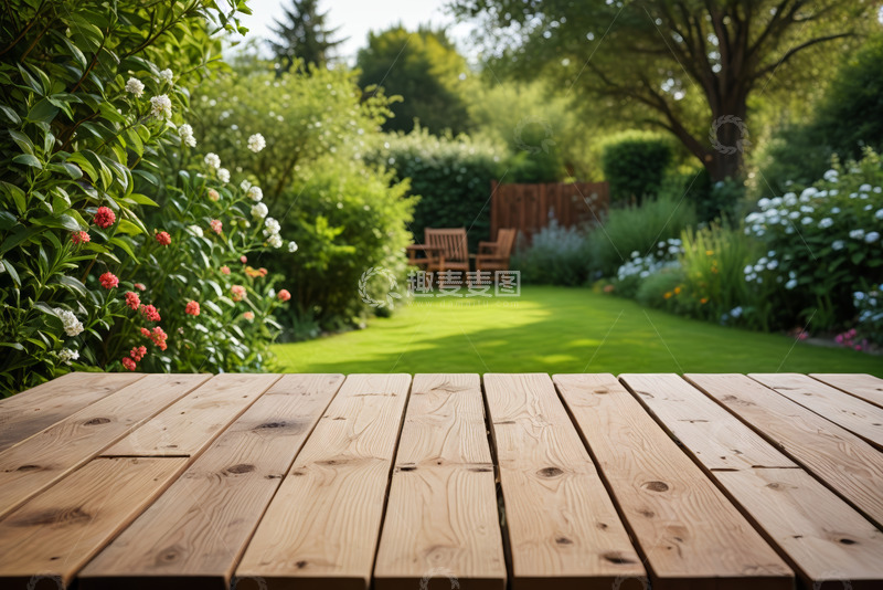 高清大图下载【趣麦麦图】户外花园中的木质桌景观
