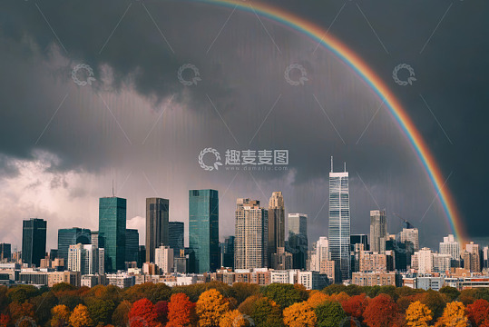 城市上空彩虹与多彩树林景观