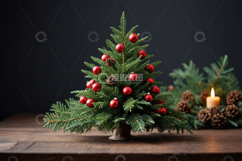 高清大图下载【趣麦麦图】装饰有红果松果的小型圣诞树