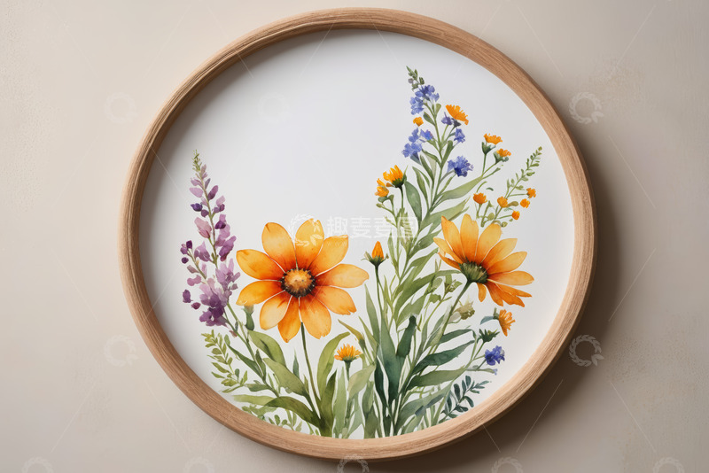高清大图下载【趣麦麦图】圆形木框花卉装饰画