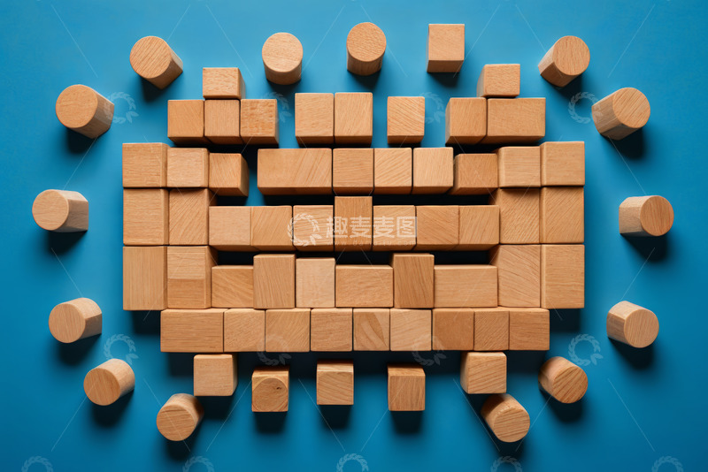 高清大图下载【趣麦麦图】蓝色背景上的木质积木组合