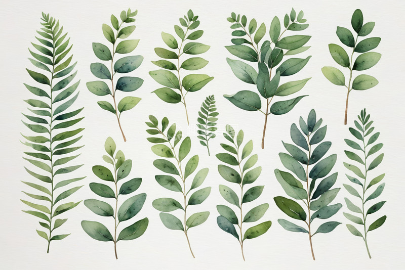 高清大图下载【趣麦麦图】水彩风格绿色植物叶片素材