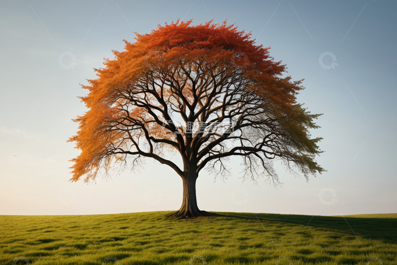 高清大图下载【趣麦麦图】草地上的单棵秋色大树