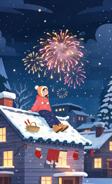 冬日雪夜烟花少女插画