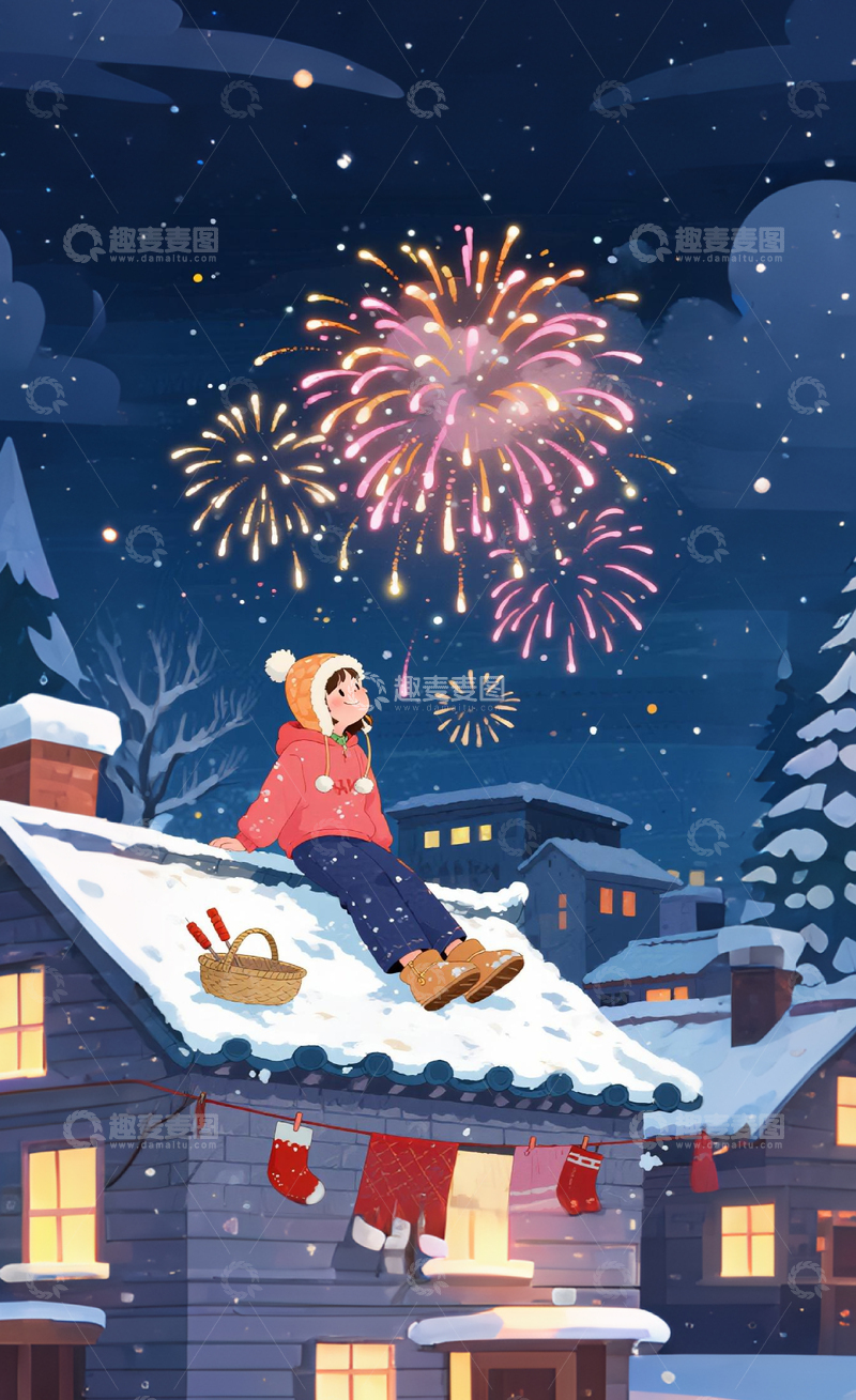 高清大图下载【趣麦麦图】冬日雪夜烟花少女插画