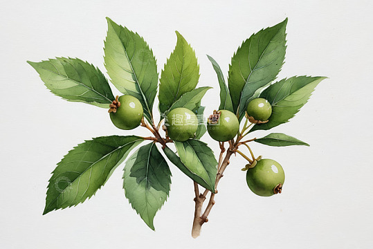 带绿叶的青果实植物插画