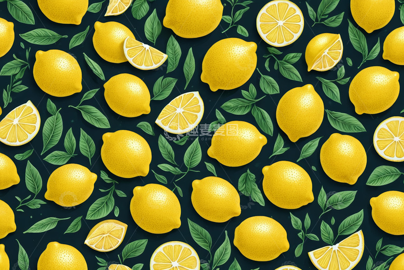 高清大图下载【趣麦麦图】柠檬绿叶图案背景素材