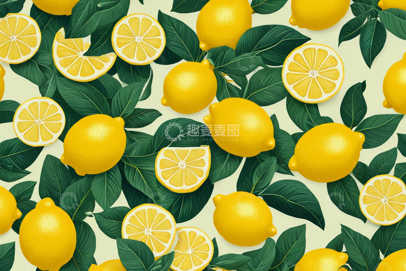 高清大图下载【趣麦麦图】柠檬与绿叶的图案素材