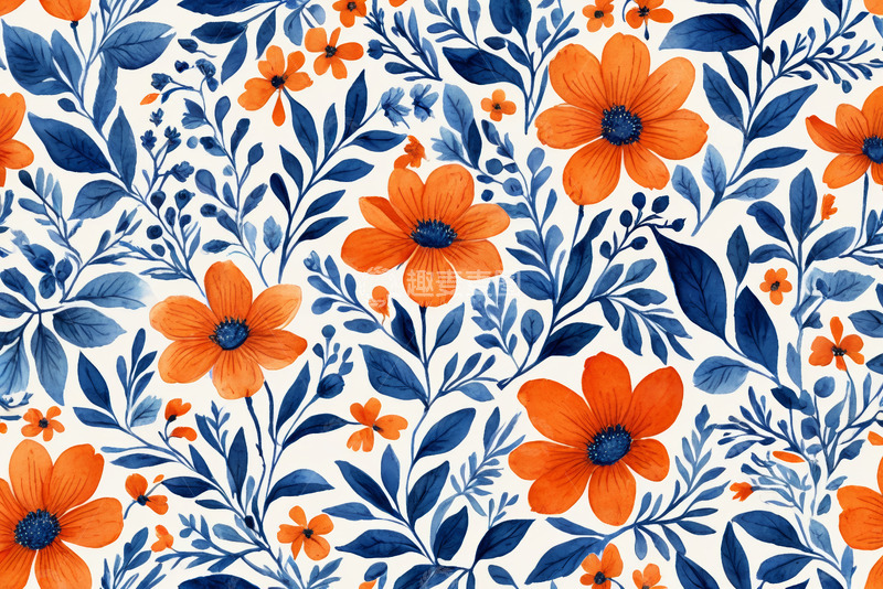 高清大图下载【趣麦麦图】橙色花朵蓝色叶子花卉图案