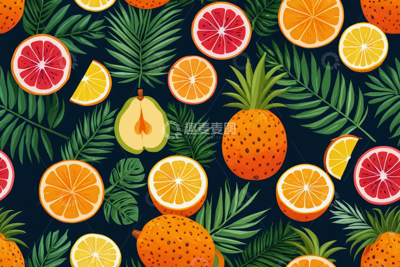 高清大图下载【趣麦麦图】热带水果与绿叶插画背景