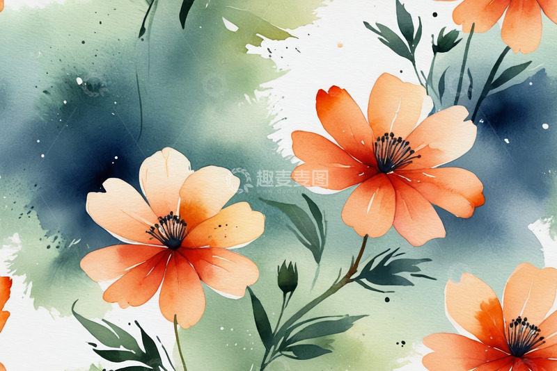 高清大图下载【趣麦麦图】水彩风格橙色花卉图案