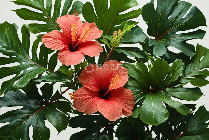 高清大图下载【趣麦麦图】粉色扶桑花与绿色叶片特写
