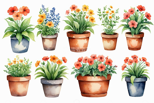 水彩风格盆栽花卉插画素材