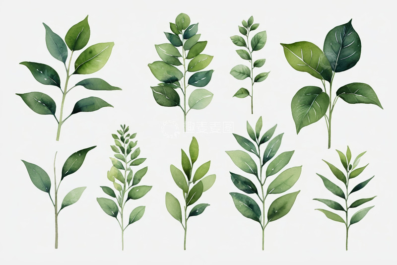 高清大图下载【趣麦麦图】水彩风格绿色植物叶子素材