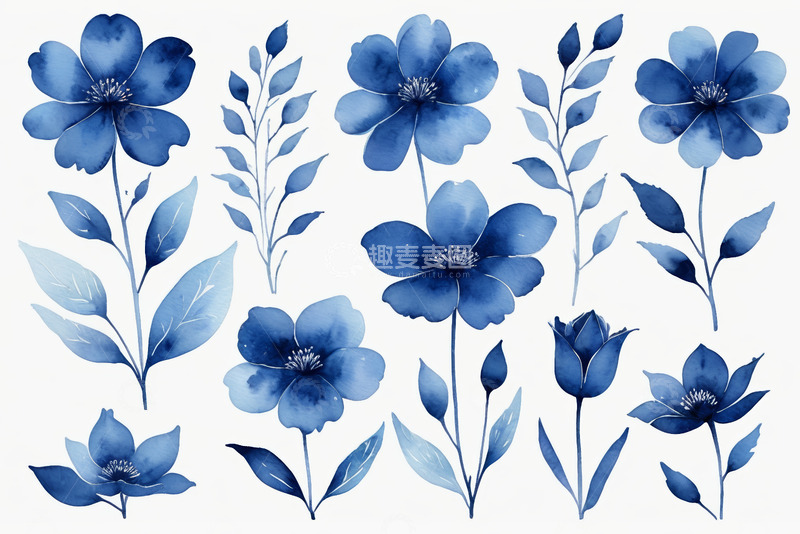 高清大图下载【趣麦麦图】蓝色水彩花卉植物素材