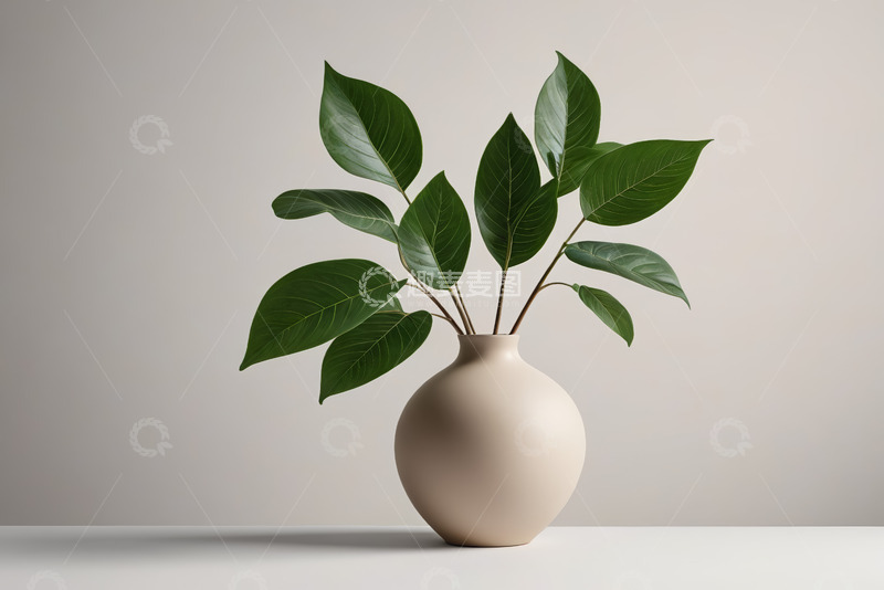 高清大图下载【趣麦麦图】米色花瓶插绿色植物