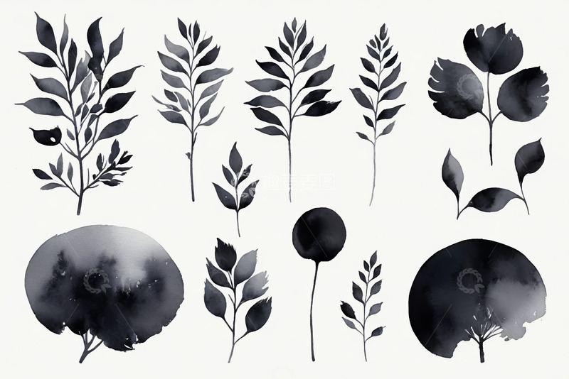 高清大图下载【趣麦麦图】水墨风格植物元素设计素材