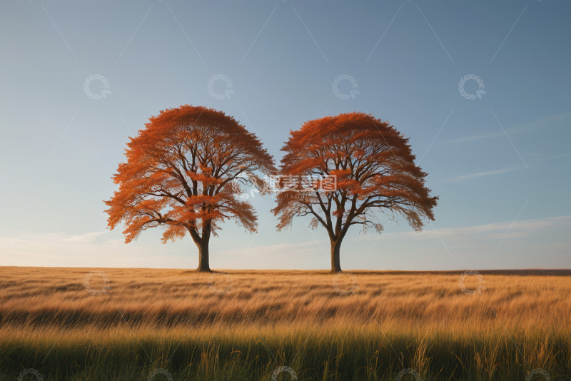 高清大图下载【趣麦麦图】田野上两棵橙红色树木