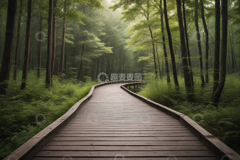 高清大图下载【趣麦麦图】森林中蜿蜒的木质步道