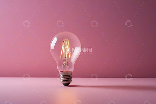 粉色背景上发光的透明灯泡