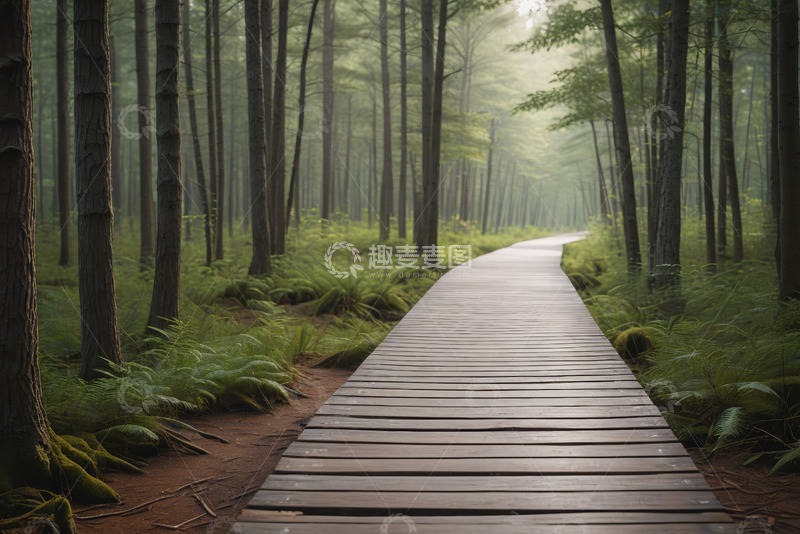 高清大图下载【趣麦麦图】森林中的木质步道