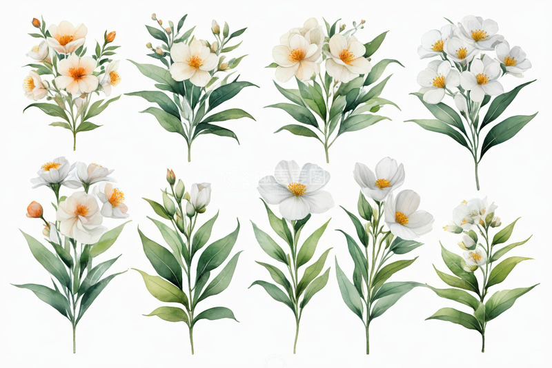 高清大图下载【趣麦麦图】白色花卉绿植插画素材