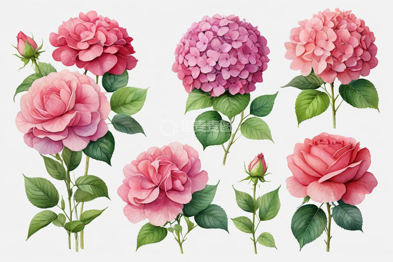 高清大图下载【趣麦麦图】粉色玫瑰与绣球花花卉素材