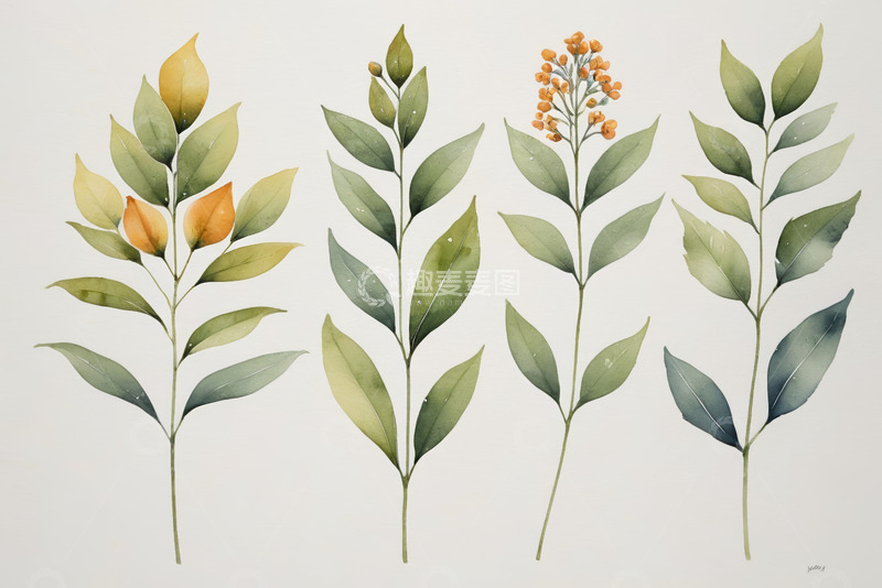 高清大图下载【趣麦麦图】水彩风格植物枝叶花卉素材