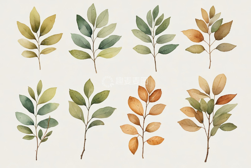 高清大图下载【趣麦麦图】水彩风格植物枝叶素材