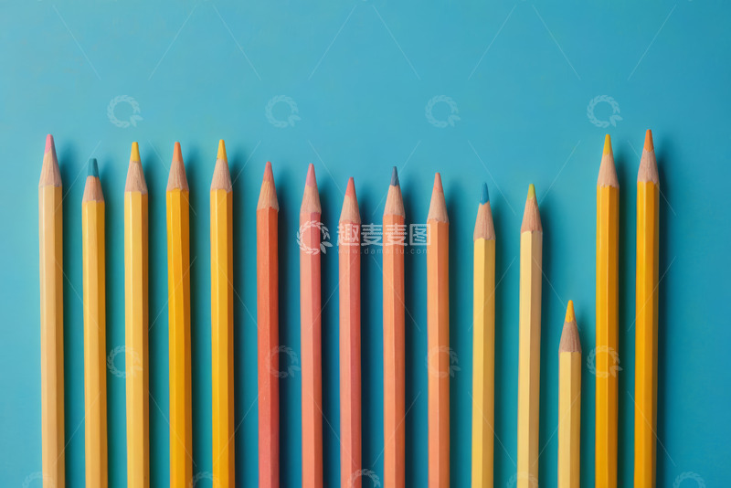高清大图下载【趣麦麦图】彩色铅笔整齐排列在蓝色背景