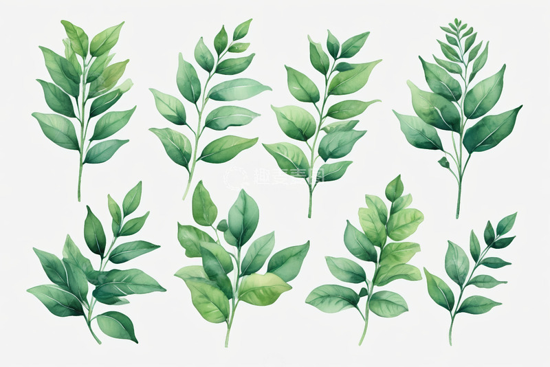 高清大图下载【趣麦麦图】水彩风格绿色植物叶子素材