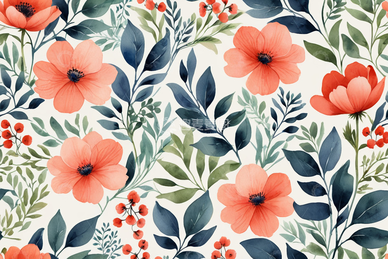 高清大图下载【趣麦麦图】花卉植物水彩风格图案